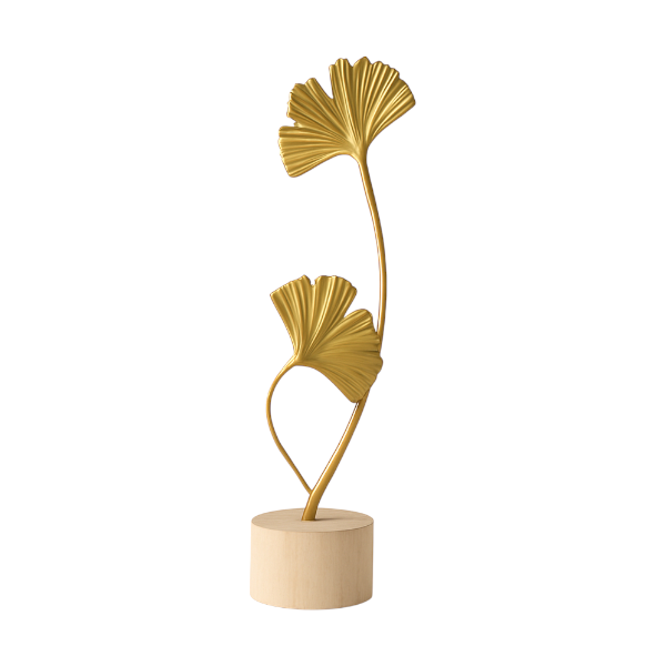 3 Pack - Leaf Metal Ornament With Wooden Base - Gold