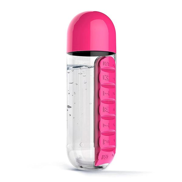 Water Bottle with Pill Box Organizer - Dark Pink