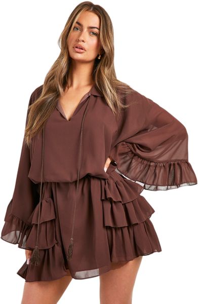 boohoo - Womens Ruffle Detail Smock Dress - Chocolate