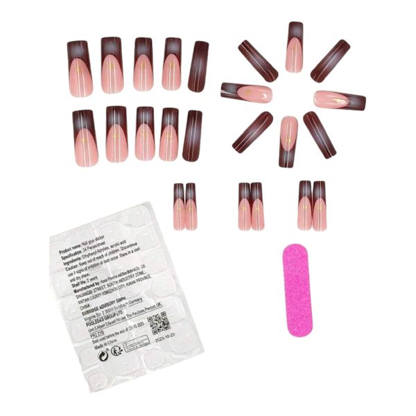 24pcs Long Square Brown Halo Dyed Golden Starlight French Style Press-on