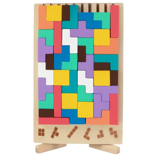Wooden Tetris Puzzle with Vibrant Interlocking Blocks &amp; Cards - Multicolor