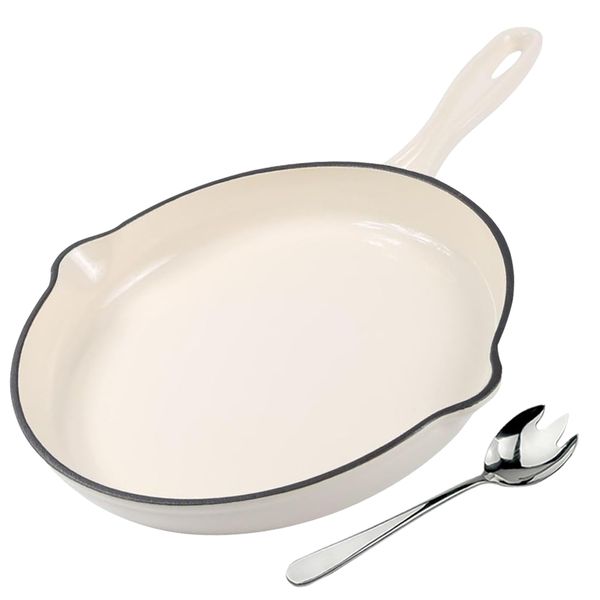 26cm Large - Cast Iron Fry Pan Including Stainless Steel Meat Fork