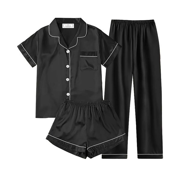 PJ Warehouse Black Satin Short Sleeve Top With Long Pants &amp; Short Pants