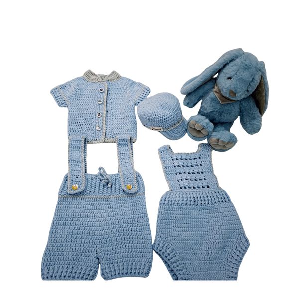 Handmade Blue Crochet Baby Boy Gift Set - Romper, Jacket, Hat &amp; Plush Toy