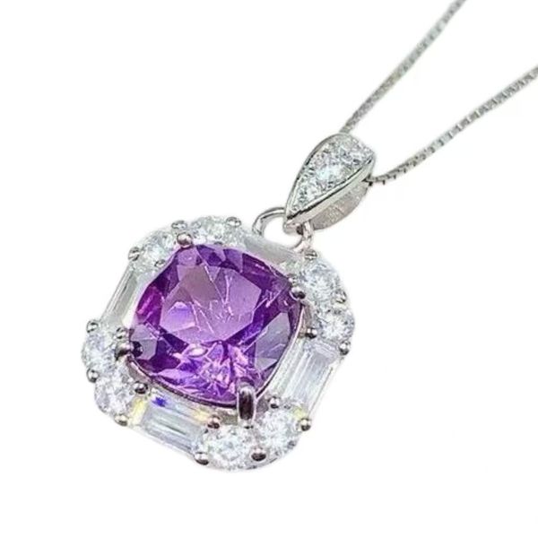 Purple Natural Gemstone Women's Necklace Square Pendant Jewelry