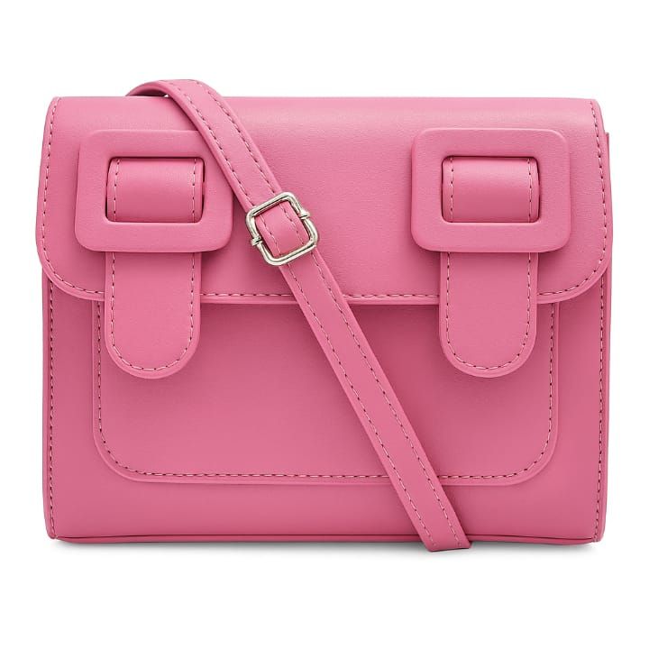 Trendy Pink Faux Leather Crossbody Handbag with Buckle Detail - 0520