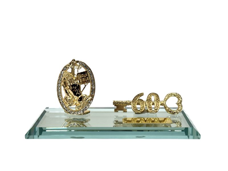 60th Key with Diamante Praying Hands + Bible on a Glass mirror base