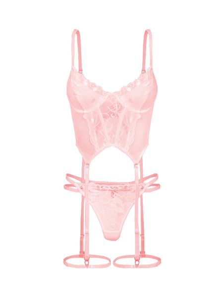 PinkFloral Lace Garter Lingerie Set