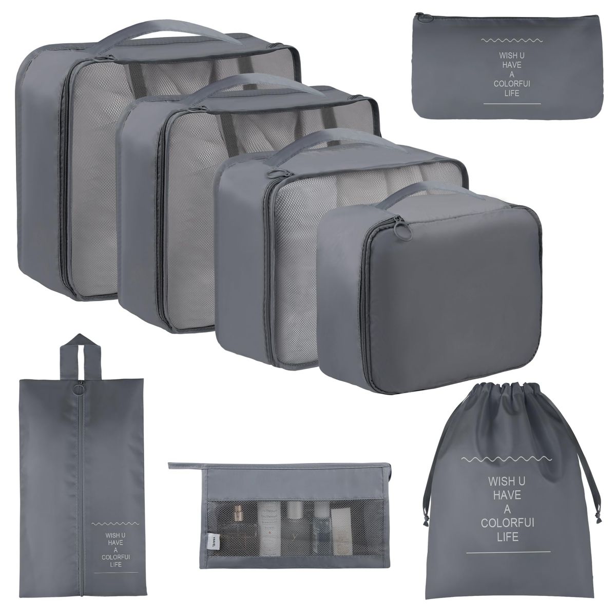 8 piece Premium Packing Cubes Set - Luggage Organizers (Grey)