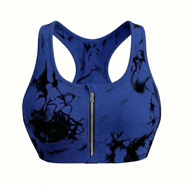 Women's Tie Dye Zip Front Sports Bra Racerback Support Yoga Bra Workout Top