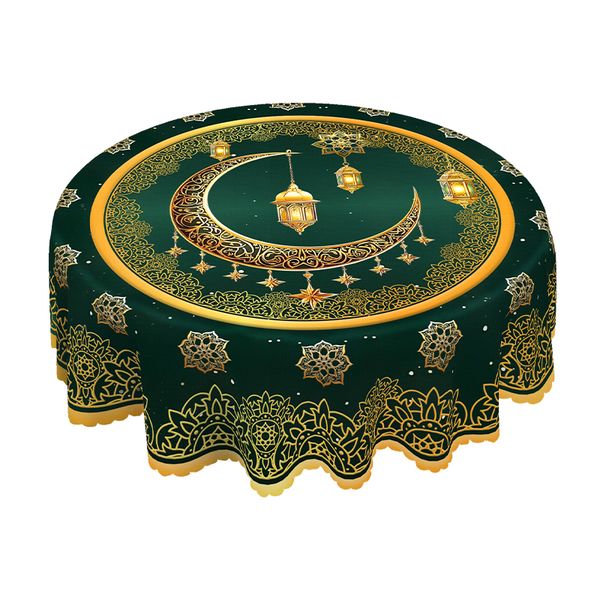 Ramadan Tablecloth Green &amp; Gold Islamic Crescent Moon Lantern Design 152cm