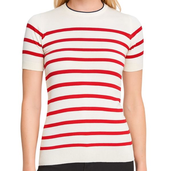 Missy Missi Ladies Short Sleeve Striped Top Crew Neck with Red Trim