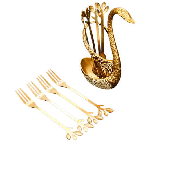 Gold Stainless Steel Fork Set, 4 Forks and 1 Storage Rack