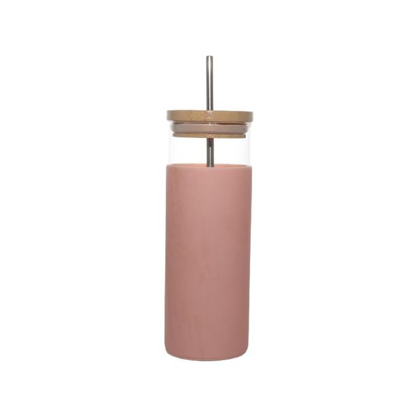 Glass Water Tumbler with Bamboo Lid and Straw - Silicone Sleeve - BPA Free