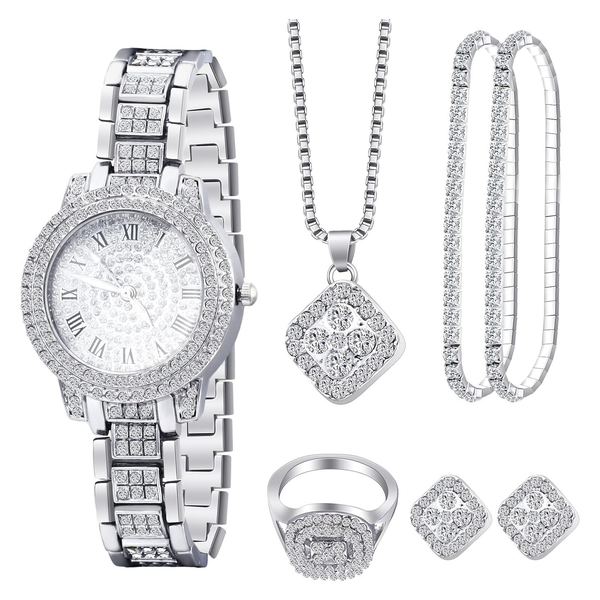 6PCS Women Watch Luxury Elegant Alloy Watch Crystal Wristwatch