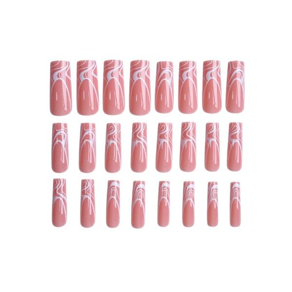24 Piece - Press On Nail Set With White Stripe Design - Pink