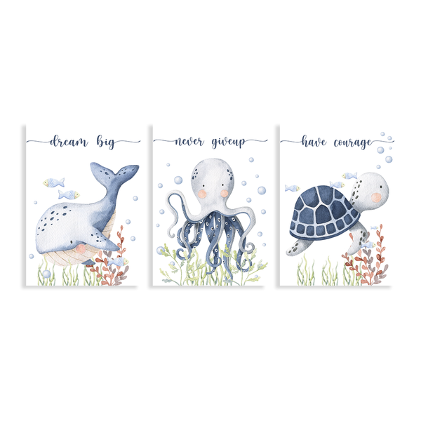 Nursery Wall Art - Sea Animals - Canvas Set of 3x A3