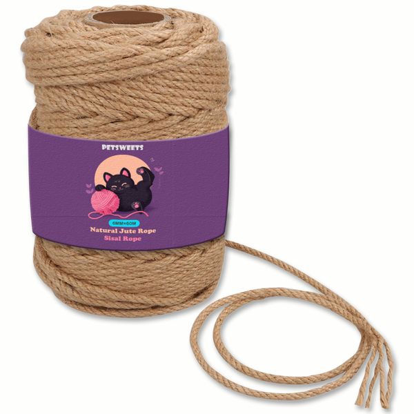 60m x 6mm Natural Jute Rope Sisal Rope for Cat Scratcher Garden Bundling