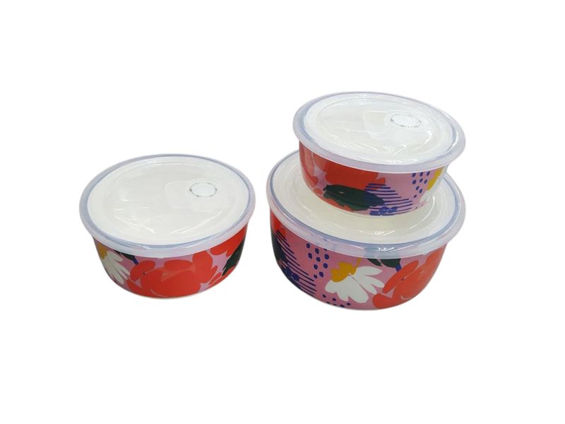 3-Piece Floral Ceramic Bowl Set with Airtight Lids