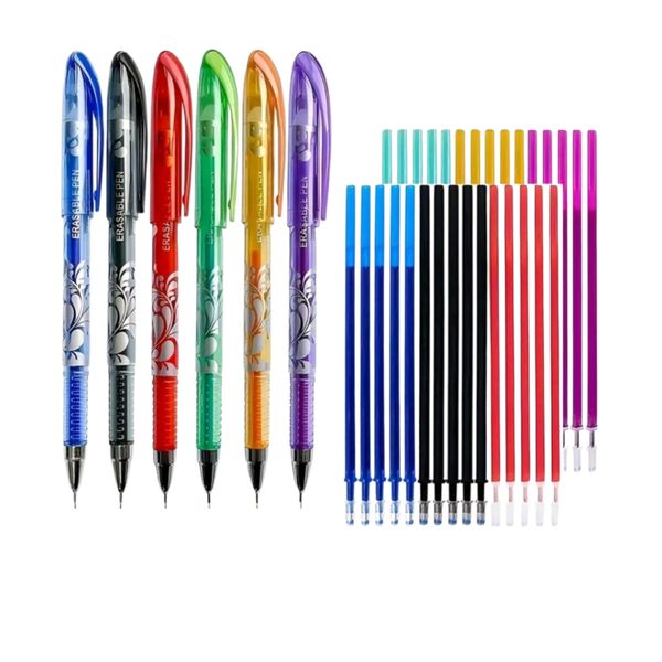 36 Piece Erasable Pen Set - Includes 6 Colors, Refills, and Eraser Tips