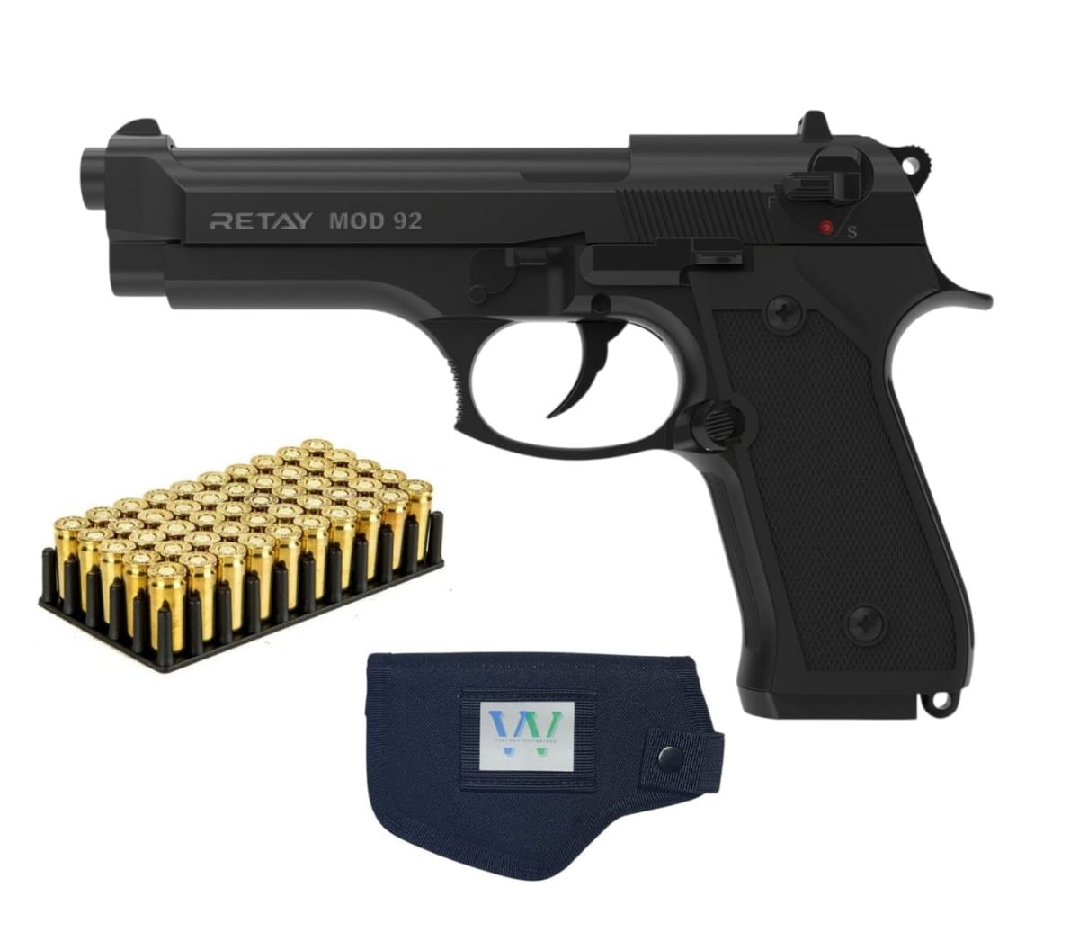 Retay MOD92 Blank Pistol B+50 Blank Cartridges, VV Holster & Free Keyring