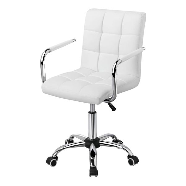 White Adjustable PU Leather Office Chair with Armrests &amp; 360 Swivel
