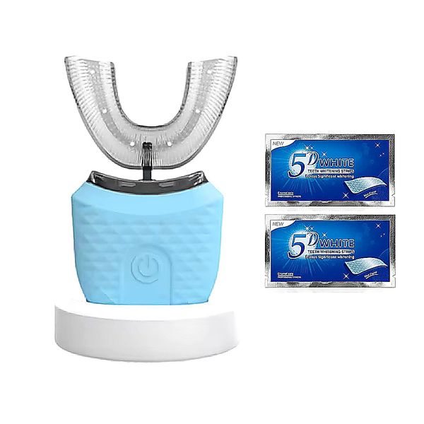 Ultrasonic U-Shape Toothbrush &amp; Dock with Whitening Strips - White