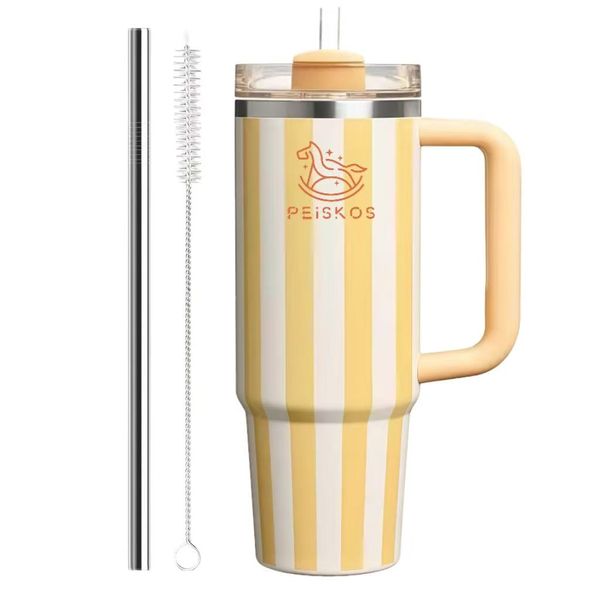 PEISKOS 1200ml Cute Striped Flask Insulated Tumbler Cup with Lid and Straw