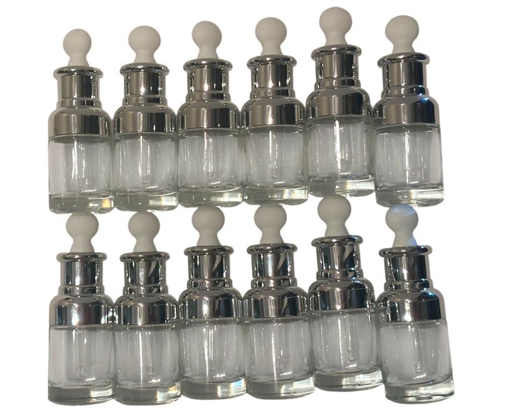 12 Pack 30ml Glass Dropper Bottles - Silver Clear Transparent Serum Bottle