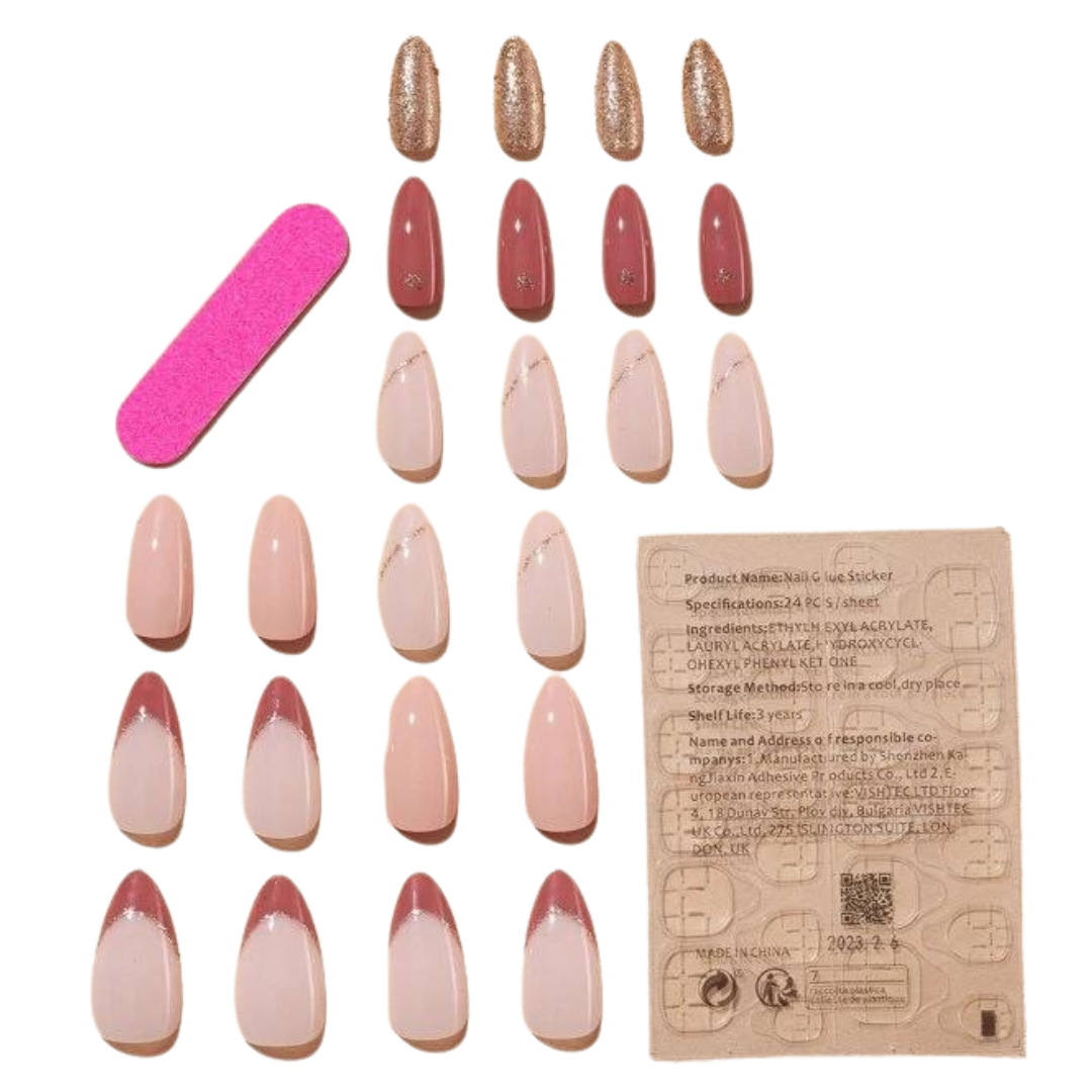 24 Pieces Long Almond Pink Glitter Heart Print False Press On Nail Set ...