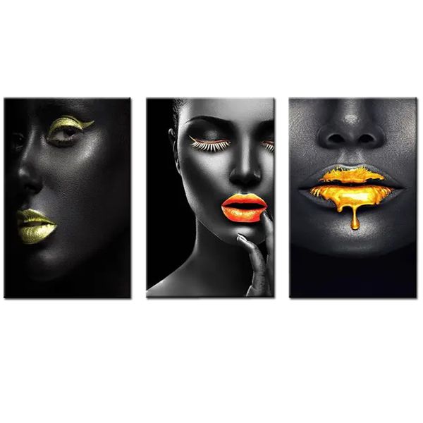 Canvas-Art-3 Pieces Black Woman Face Colourful Lips Wall Art