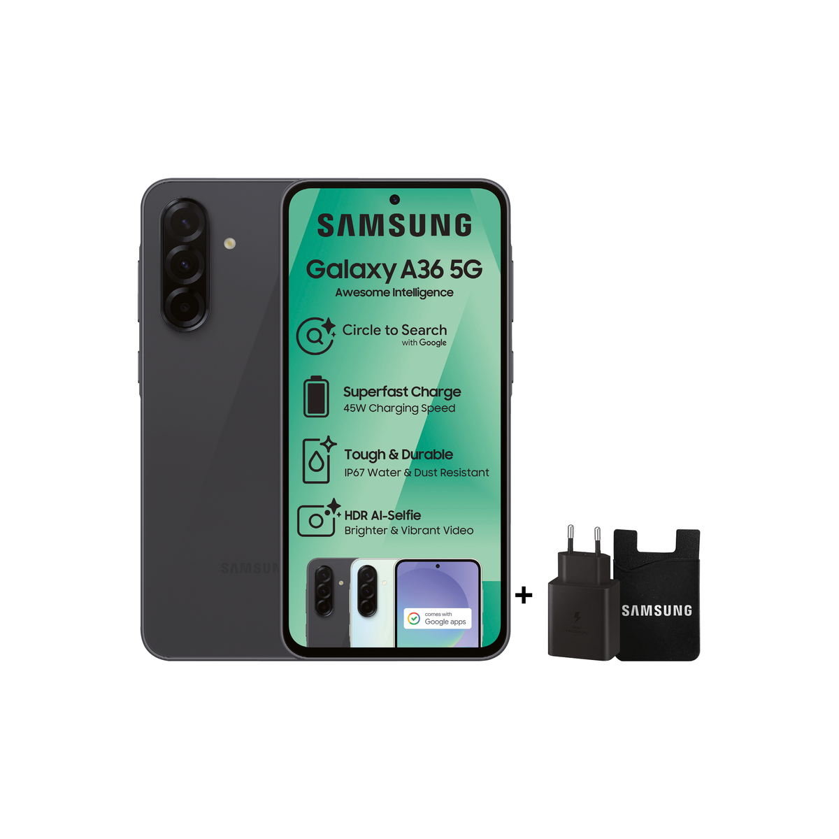 Samsung Galaxy A36 5G 128GB Dual Sim - Black + 45W Adaptor & Card Holder