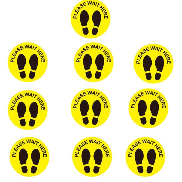 10 Pcs 20.32cm Yellow Floor Stickers Please Wait Here with Footprint Design