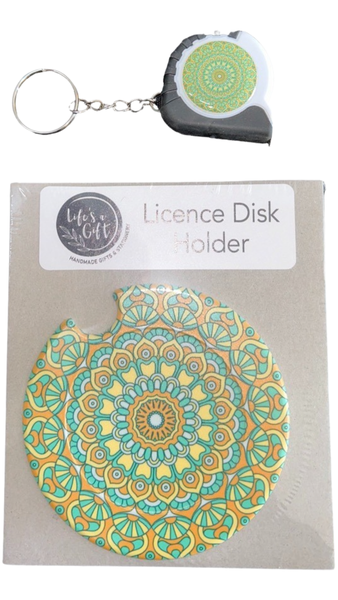 Green &amp; Yellow Flower Licence Disk Holder, Measuring Tape Key Ring