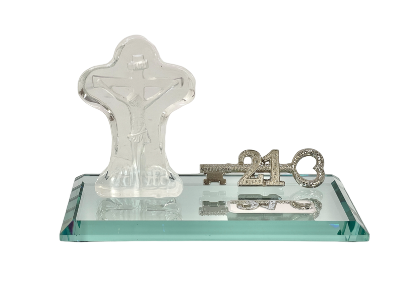 21st Key with Glass Block Cross on Glass Mirrorbase