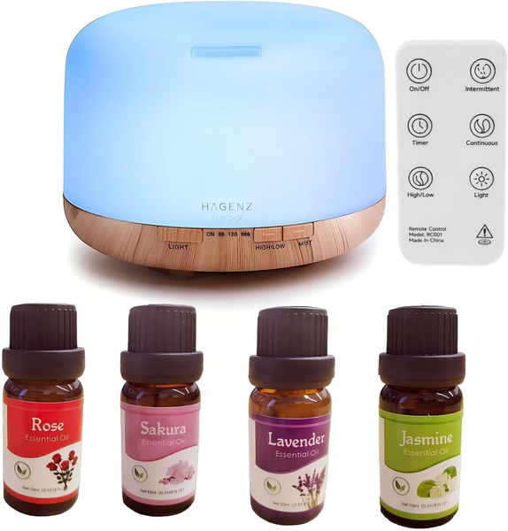 HAGENZ 500ml Premium Essential Oil Diffuser with Remote and 4 bottle oils