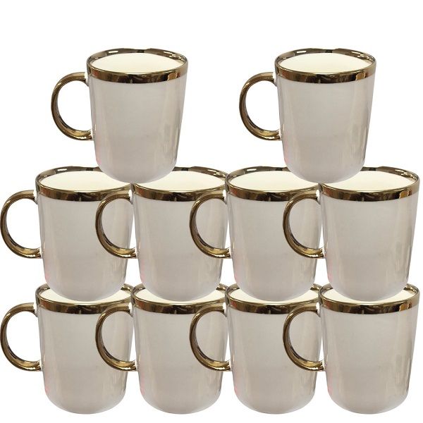 10-Piece White Ceramic Coffee Mug Set with Elegant Gold Rim.