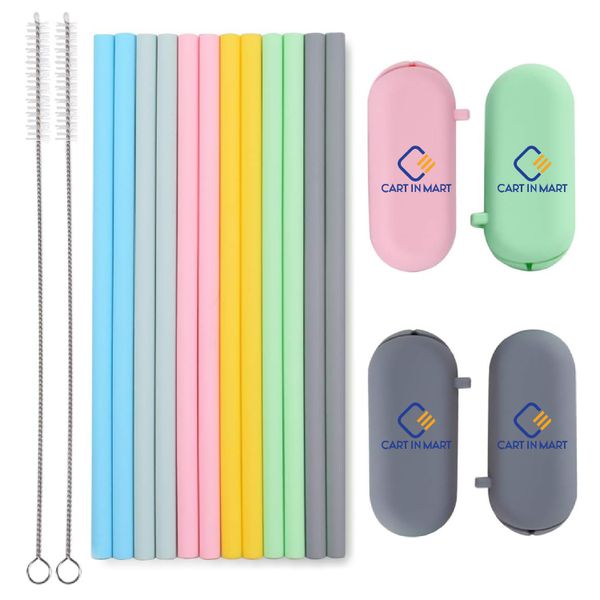 12 Pack Silicone Drinking Straws Reusable Odorless With Pouches &amp; Brushes