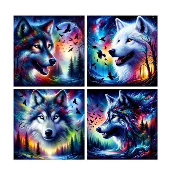 Aurora Wolf Diamond Dot Paintings - Set of 4