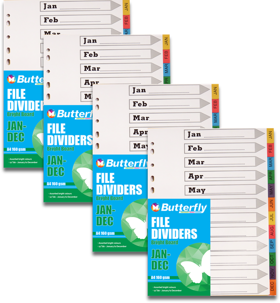 Board File Dividers - A4 160Gsm Bright - 12 Tab (Jan-Dec) X4