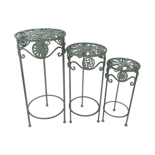 Garden Decor 3Pcs Round Metal Floral Planter Stands Vintage Green
