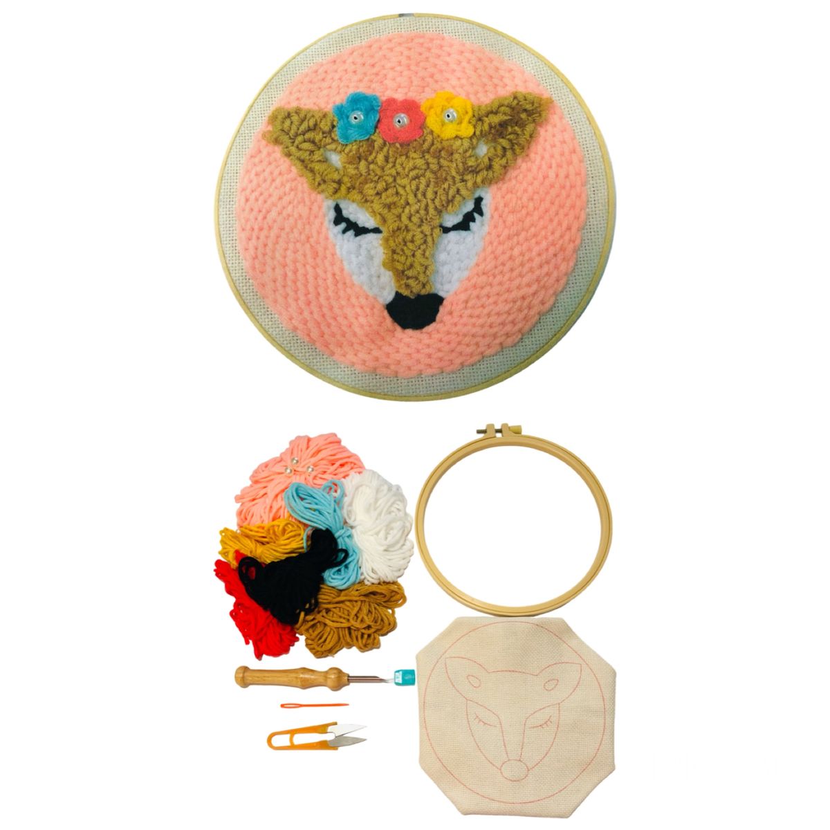 Flower Fox Punch Needle Embroidery Wool Art DIY Craft Kit Tapestry