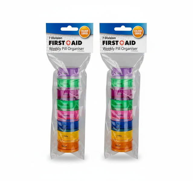 First Aid Weekly Pill Organizer - 7 Compartment Round Travel Case - 2 Pack
