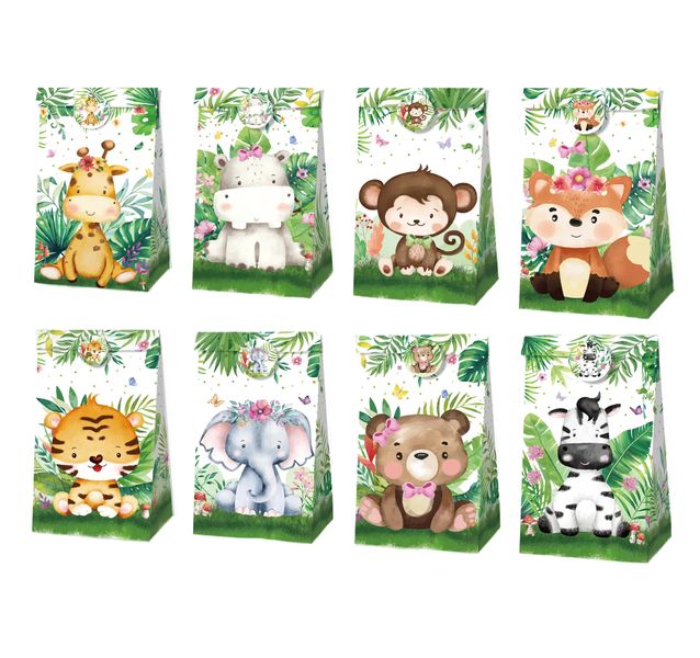 Party Favor Bags with Stickers - Greenery Wild Animals Theme - 12 Bags