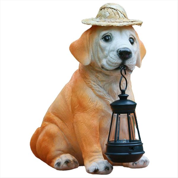 Garden Dog Statues -Adorable Resin Dog Figurines with Straw Hat&amp;Solar