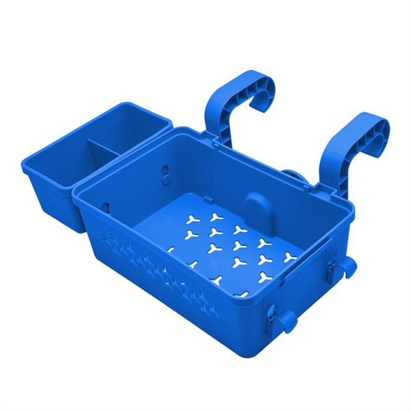 Portable Poolside Storage Basket Tray With Cup Holder Above Blue