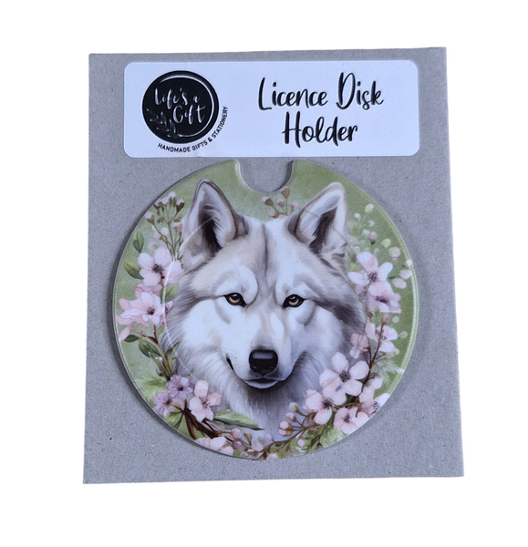 Dog &amp; Flowers Licence Disk Holder - Beautiful Siberian Husky