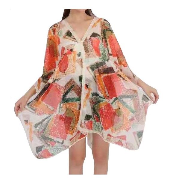 Ladies Kaftan Satin Silk Floral - Orange/Multicolour