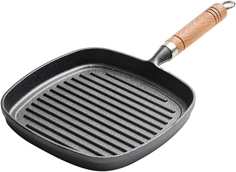 22cm Square Pre-Seasoned Cast Iron Grill Pan with Wooden Handle