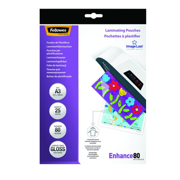 Fellowes Enhance80 Gloss Laminating Pouches A3, 160 Micron, (80+80) 25 Pack